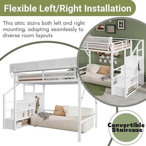 Mirightone Full Size Loft Bed with Stairs and Storage, Metal Loft Bed Frame with Bedside Shelf and Large Under-Bed Space, Heavy-Duty Loft Beds for Adults Teens and Kids, Convertible Staircase, White thumbnail 6