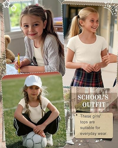 Oakgarden Girls Cap Sleeve T-Shirts Kids Ribbed Knit U-Neck Tops Fitted Short Sleeve Shirts Cute Summer Basic Tees 5-14 Years thumbnail 2