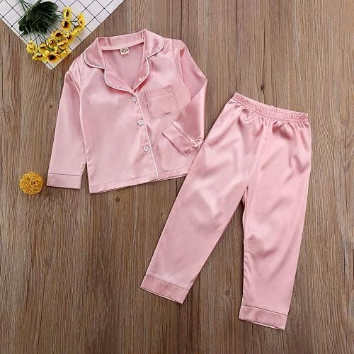 Toddler Baby Kids Satin Pajamas Set, Long Sleeve Button-Down Sleepwear PJs for Girls thumbnail 3