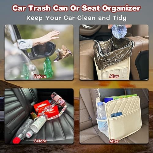 Witaxima Upgrade Car Seat Organizer Backseat with Storage Pockets, Multipurpose Car Organizer Hanging, Car Trash Bag Can,Premium PU Leather Garbage Can 2.14 Gallon Large Capacity Accessories Beige thumbnail 4