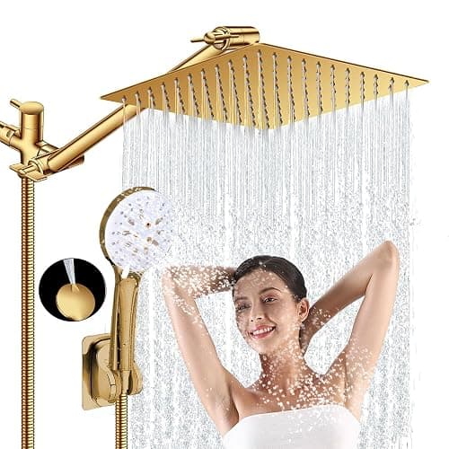Shower Head, 10'' High Pressure Rain Shower Head with 6 Settings/Spray Handheld Shower Head Combo, 78'' Long Hose and 11'' Extension Arm, Water Temperature Reminder (Square Gold Shower Heads) - Image 1