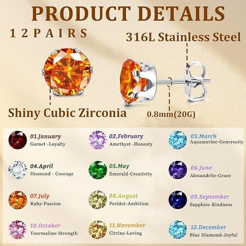 LOYALLOOK 12 Pairs Stainless Steel Cubic Zirconia Stud Earrings, Brilliant Cut Round CZ Earrings set, Birthstone Stud Earrings for Women thumbnail 2