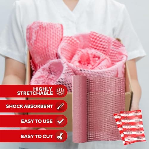 Pink Honeycomb Packing Paper for Moving 15-Inch x 118-Feet Bubble Honeycomb Wrap, Honeycomb Wrapping Paper for Packing Cushion with 30 Fragile Stickers Packing Supplies by Xfasten thumbnail 2