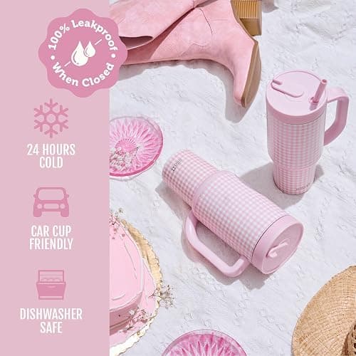 Ello Oasis 30 oz Tumbler with Handle & Retracting Straw | Reusable Insulated Stainless Steel Cup 100% Leakproof, Gifts for Teens Women Men | Keeps cold for 24 Hours, Cup Holder Friendly, Pink Gingham thumbnail 6