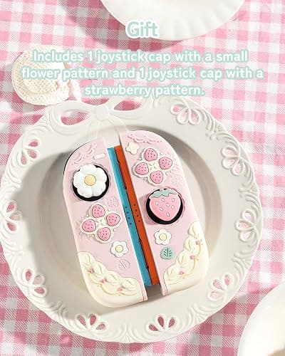 GeekShare Strawberries with Cream Case Compatible with Switch 2, Slim Separable Soft Silicone Protective Shell with 2 Thumb Grip Caps -- Pink thumbnail 6