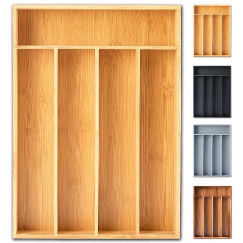 SUNBREATH Silverware Organizer, 10 Inch Utensil Organizer Kitchen Drawer Organizer Bamboo Silverware Holder Cutlery Tray Organizer in Drawer Flatware Organizer Tray(5 slots, Natural - Image 1