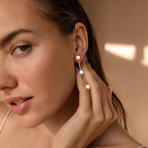 Moodear Dainty Pearl Dangle Earrings for Women - Trendy 14K Gold Plated Pearl Hypoallergenic Drop Earring Wedding Jewelry Gift thumbnail 9