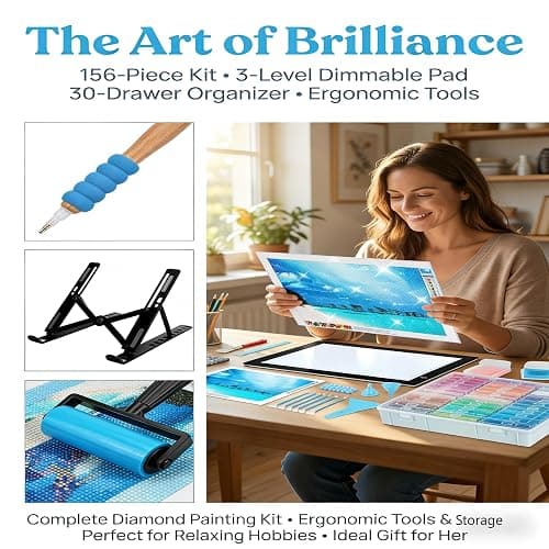156PCS All Inclusive Diamond Art Accessories Kit with A4 Diamond Painting Light Pad Kit,Diamond Art Trays with Lids& 5D Painting Tools Set for Full Drill & Partial Drill Art thumbnail 8