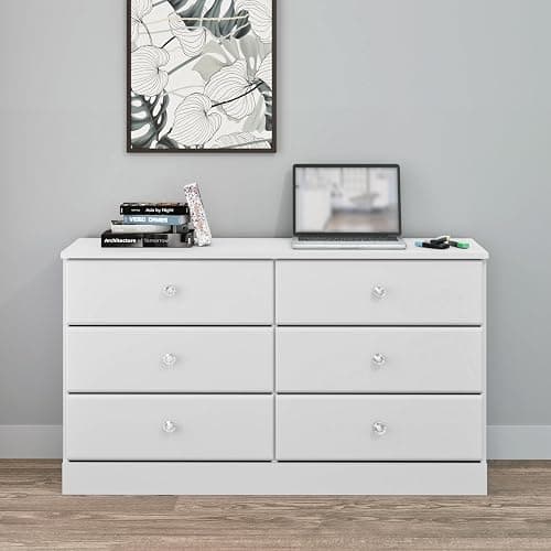 Prepac Astrid 6 Drawer Double Dresser for Bedroom with Crystal Knobs, Wide Chest of Drawers, Bedroom Furniture, Clothes Storage and Organizer, 15.5" D x 47.5" W x 26.85" H, White thumbnail 2