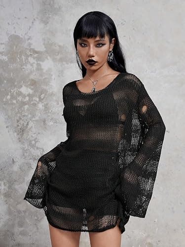 Verdusa Women's See Through Round Neck Drop Shoulder Sweater Long Flare Sleeve Knit Top thumbnail 3