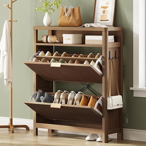 AOGLLATI Shoe Cabinet Storage,Narrow Fluted Shoe Rack Cabinet with 2 Flip Drawers, Wooden Freestanding Organizer with Open Storage Space for Entryway,Wood (Wood) - Wood thumbnail 8