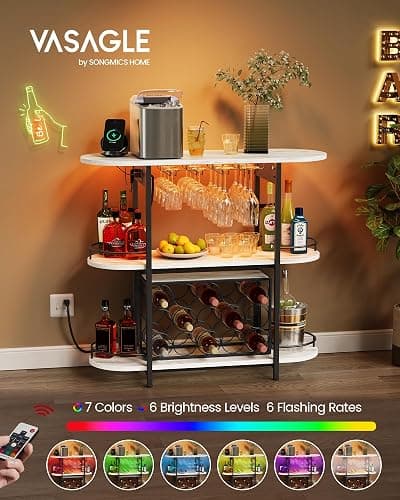 VASAGLE Bar Cabinet with LED Lights and Power Outlets, Freestanding Coffee Bar Wine Cabinet, Wine Rack, Glass Holder, Mini Bar for Liquor and Glasses, Kitchen, Dining Room, Rustic White ULWR007W01S thumbnail 4