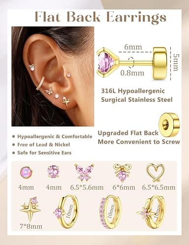Kakonia Hypoallergenic Flat Back Earrings for Women Men Surgical Steel Earring for Sensitive Ears, 14K Gold Plated Stainless Steel Flatback Stud Hoop Cartilage Earring Stacks for Multiple Piercing thumbnail 6