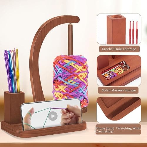 Upgraded Yarn Holder for Crocheting,Wooden Crochet Yarn Holder Magnetic Rotation Yarn Spinner with Crochet Accessories Storage and Phone Stand,Yarn Ball Holder Crochet Gift for Knitting Lovers thumbnail 3