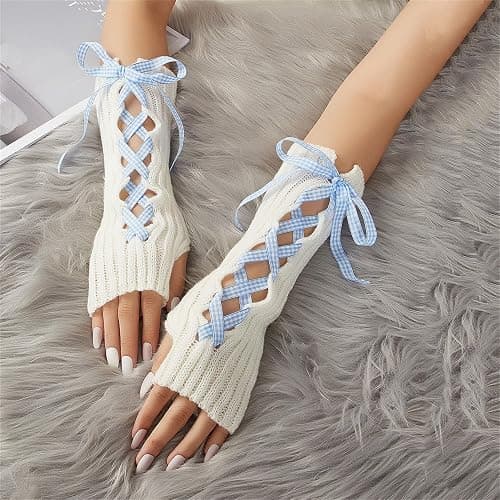 Instobig Women's Fairy Lace-up Fingerless Arm Warmers - Bow Thumb Hole Gloves, Goth Forearm Arm Sleeves Opera Dance thumbnail 4