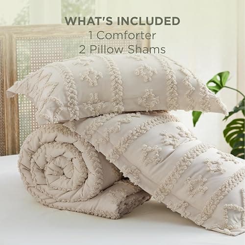 Bedsure Tufted Boho Comforter Set Queen Size - Beige Boho Bed Set, GentleSoft™ 3 Pieces Farmhouse-Style Embroidery Bedding, Gifts for Woman, Soft Jacquard Kids' Queen Comforter for All Seasons thumbnail 7