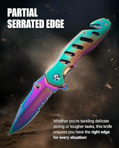 Legal Rainbow Pocket Knife with Glass Breaker Seatbelt Cutter - 2.68 Inch Sharp Serrated Blade - Cute Small Folding Womens Knives for Self Defense EDC Camping - Food Processing Mincing Knives 6655 R thumbnail 9