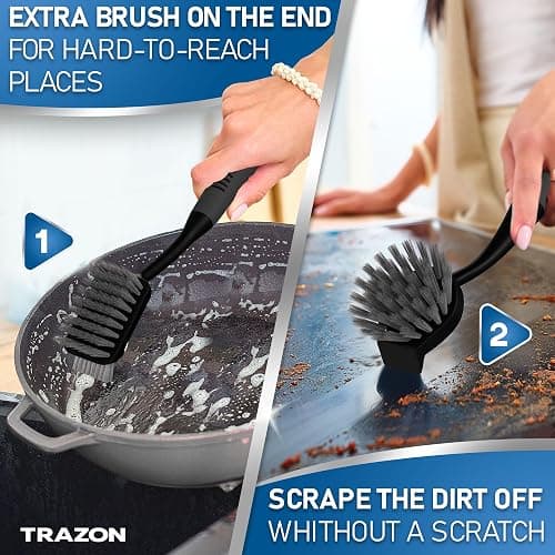 Dish Brush Set of 5 with Holder - Kitchen Scrub Brushes with Non-Slip Long Handle for Cleaning, Scrubber, Dishwashing, Dishes, Bottles, Straws, Cups, Pots & Sink, Black thumbnail 3