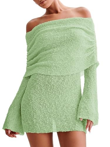 Imily Bela Womens Beach Swimsuit Cover Ups Summer Off The Shoulder Long Bell Sleeve Sheer Mini Dress - Image 1