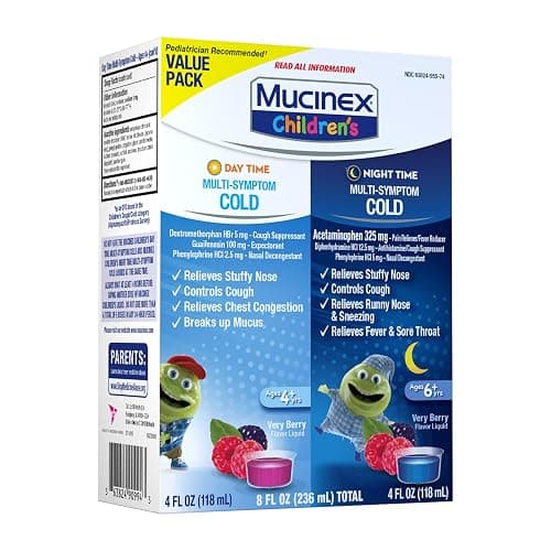 Mucinex Cold & Cough, Children's Multi-Symptom Day/Night Liquid, Very Berry, 8oz (2x4oz) Relieves Nasal & Chest Congestion, Thins & Loosens Mucus, Controls Cough, Reduces Fever, Soothes Sore Throat | For Ages 4+, Guaifenesin, Dextromethorphan HBr, Diphenhydramine HCl, Phenylephrine HCl & Acetaminophen, Alcohol-Free thumbnail 9