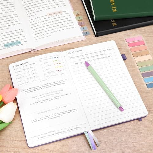 AKONEGE Reading Journal for Book Tracking - PU Leather Book Journal Reading Log with 80 Reviews for Readers, Accessories with Sticky Tabs, Pen Holder, Ribbon Bookmarks, 5.6" x 8.3", Purple thumbnail 2