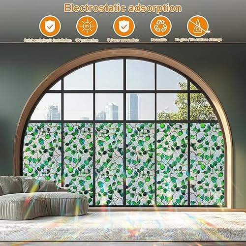 Window Privacy Film Stained Glass Decorative Static Clings Rainbow Window Tint for Home Room Decor Bathroom Door Car Stickers with Iridescent Effect, Removable(Blue & Green pothos Botanical) - Green&blue - 17.5*78.5 thumbnail 2