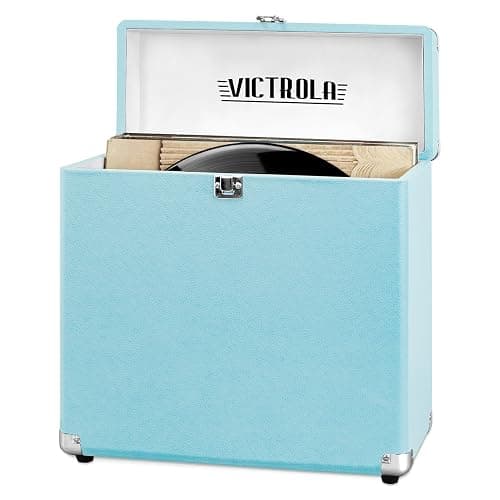 Victrola Collector โ Record Storage Case โ Holds 30+ Vinyl Turntable Records, Heavy-Duty Hardware, Hinges, & Smart Metal Corners, Portable with Easy-Carry Handle (Turquoise) - Image 1