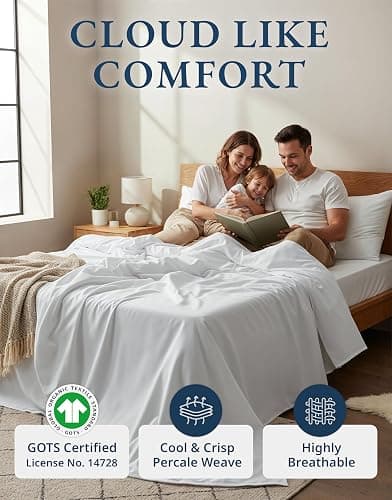 LANE LINEN Eco Friendly 100% Organic Cotton Queen Sheet Set, Soft & Comfy Fully Elasticized 15" Deep Pocket Bed Sheets, Low Pill Naturally Cooling Machine Wash Sábanas Queen- White Bed Sheets thumbnail 2