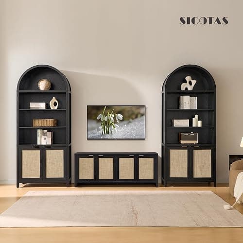 SICOTAS Book Shelf Arched Cabinet Bookshelf Arch 84.2" Tall Bookcase 5 Tier Large Bookshelves with Doors Storage Rattan Boho Wide Book Shelves Case for Living Room Kitchen Office Bedroom Library thumbnail 7