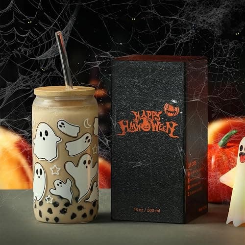 KMCCUMBER Halloween Ghost Fall Glass Cup with Lid Straw Gifts for Women | 16oz Ghost Fall Mug, Iced Coffee Glass Tumbler, Goth Teens girls Basket Stuffer for Halloween - Image 1