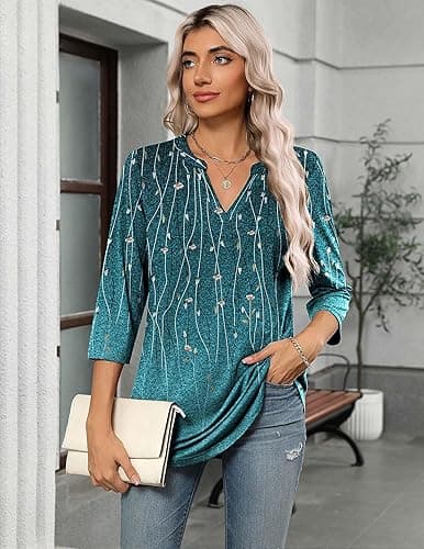 Zeagoo Womens 3/4 Length Sleeve Tops V Neck Tunic Casual Dressy Blouse Floral Printed Shirts thumbnail 3