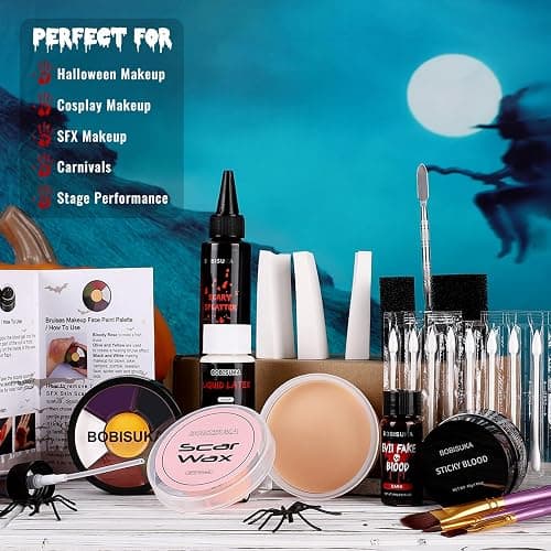 Special Effects SFX Halloween Makeup Kit - Bruise Makeup Face Body Painting Palette, Scar Wax, Liquid Latex, Fake Blood Splatter Spray, Coagulated Blood Gel, Stipple Sponges, Cotton Swab thumbnail 6