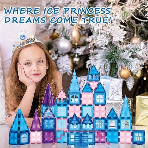 Princess Castle Magnetic Tiles 110 PCS, Zippered Carrying Case + 2 Dolls Gift Included, Magnetic Blocks, Toys for Girls, 3 4 5 6 7 8 Year Olds Birthday Gift Ideas for Girls thumbnail 3