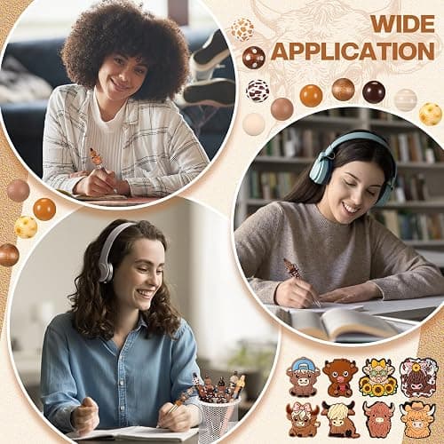 Geyee 12 Set Beadable Pens Assorted Bead Pens Wood Crystal Round Spacer Set Black Ink DIY Ballpoint for Women Men Gift Office Supplies(Multicolor,Cow) thumbnail 6