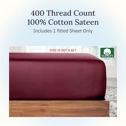 California Design Den Full Fitted Sheet, Deep Pocket 400 Thread Count Fitted Bed Sheet Full, 100% Cotton, No Pop-Off Elastic, Durable Sateen Weave Sheet Only (Burgundy Red) thumbnail 3