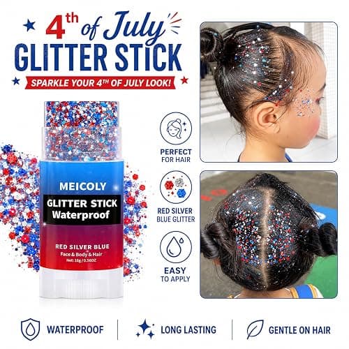 MEICOLY 4th of July Glitter Stick,Red White Blue Face Hair Glitter Stick with Star,Fourth of July Patriotic Accessories Outfits for Women,Soccer Softball Body Glitter Rave Makeup thumbnail 3