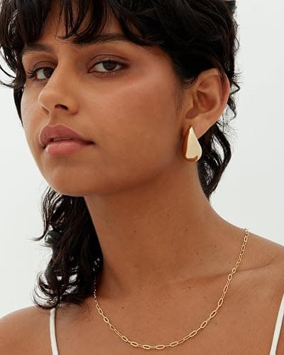 PAVOI 14K Gold Plated 925 Sterling Silver Post Teardrop Chunky Hoop Earrings - Lightweight Drop Earrings for Women - Designer Dupe thumbnail 5