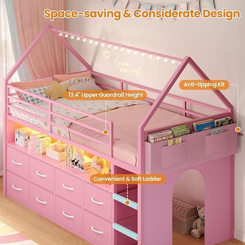 BTHFST Twin Size Loft Bed for Kids, 8 Storage Drawers & LED Lights, House Shaped Metal Bed with Bookcase, Soft Foam Ladder, 13.4" Safety Guardrail, Space Saving, Fun Curtain thumbnail 5