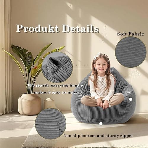 LPMOERA Corduroy Kids Bean Bag Chair with Memory Foam Filling Dark Gray | Hidden Zipper,Versatile Home Decor,Floor Sofa,Suitable For Rest & Lounge,Pull-Handle thumbnail 6