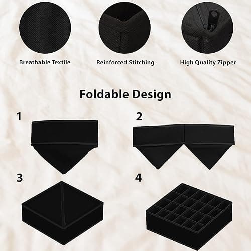 Simple Houseware 4-Pack Drawer Organizer Set - Closet Dividers for Underwear, Socks, Bras, Scarves, Ties - Foldable Non-Woven Storage Boxes, Black thumbnail 5