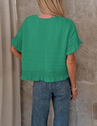 Yeokou Womens Short Sleeve Sweater Round Neck Ruffled Hem Knit Crochet Pullover Summer Fall Casual Top Blouse thumbnail 4