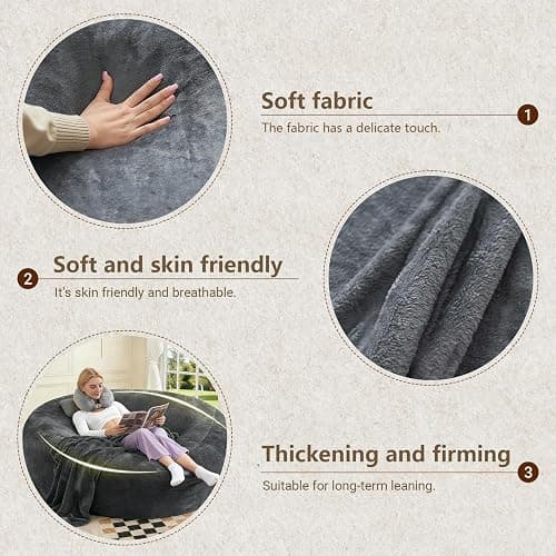 Big Bean Bag Chairs for Adults ，6FT Bean Bag Chair with Filler Memory Foam Chair Super Soft Plush, Living Room Furniture, Suitable for bedrooms, Comfy Lounge Reading Chairs (DarkGrew, 6FT) thumbnail 6