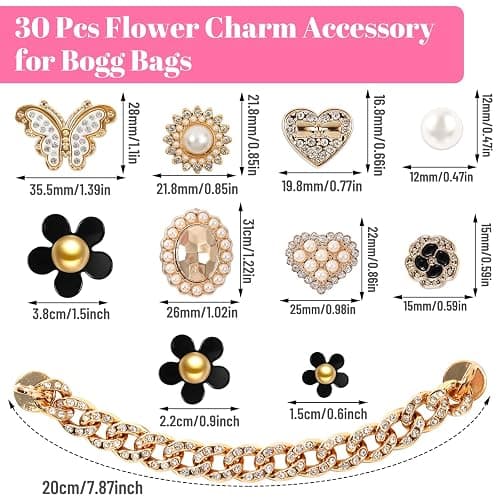 ROPCIA 30 PCS Charms for Bogg Bag Pearls & Flowers Butterfly & Bling Chain Accessories Compatible Simply Southern Beach Bag Tote Insert thumbnail 2