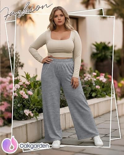 Oakgarden 3 Pack Women's Plus Size Sweatpants Casual Wide Leg Interior Drawstring High Waist Yoga Baggy Pants with Pockets thumbnail 2