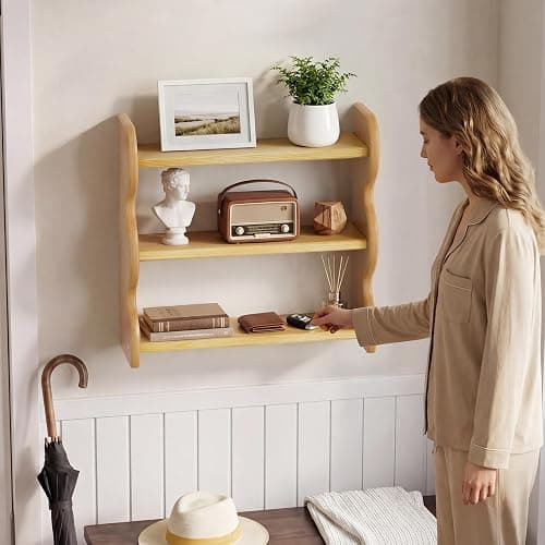 ZUJJAFY Wall Shelf, 3 Tier Hanging Shelves for Room Wall Decor, Wood Trinket Shelf Display for Living Room, Bedroom thumbnail 5