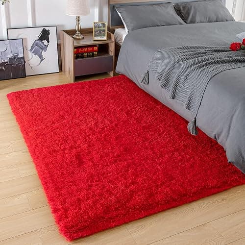 Amearea Premium Soft Fluffy Area Rug Modern Shag Carpet, 3x5 Feet, Fuzzy Shaggy Rugs for Bedroom Living Room Teen Apartment Decor, Comfortable Indoor Furry Dorm Carpets, Red - 3x5 Feet - Red thumbnail 5