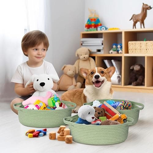 WILLITAT Basket for Gifts Empty, 13"x 9"x 5" Small Green Woven Rope Bin, Gift Basket Empty, Kids Dog Cat Toy Bin Box, Cute Baby Nursery Organizer, Decorative Storage with Handles, Green Room Decor thumbnail 4
