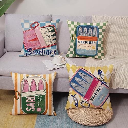 Fjfz Sardines Can Decorative Throw Pillow Covers 18 x 18 Set of 4, Beach Coastal Fish Fisherman Aesthetic Porch Outdoor Home Decor, Retro Nautical Plaid Stripes Argyle Sofa Couch Cushion Case thumbnail 2