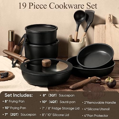 CAROTE 19pcs Pots and Pans Non Stick, Cookware Sets Detachable Handle, Induction Kitchen Pots and Pans,NonStick Cooking Set, Oven/Dishwasher/Fridge Safe, Space Saving thumbnail 3