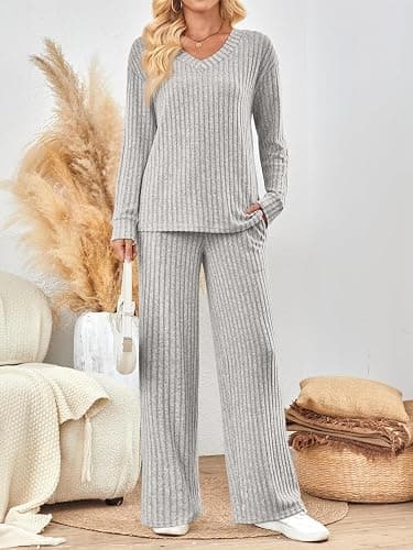 LILLUSORY Lounge Sets for Women 2 Piece Cute Long Sleeve V Neck Tops Pajama Pants Pjs Sets Sleepwears Fall Clothes Outfits thumbnail 2